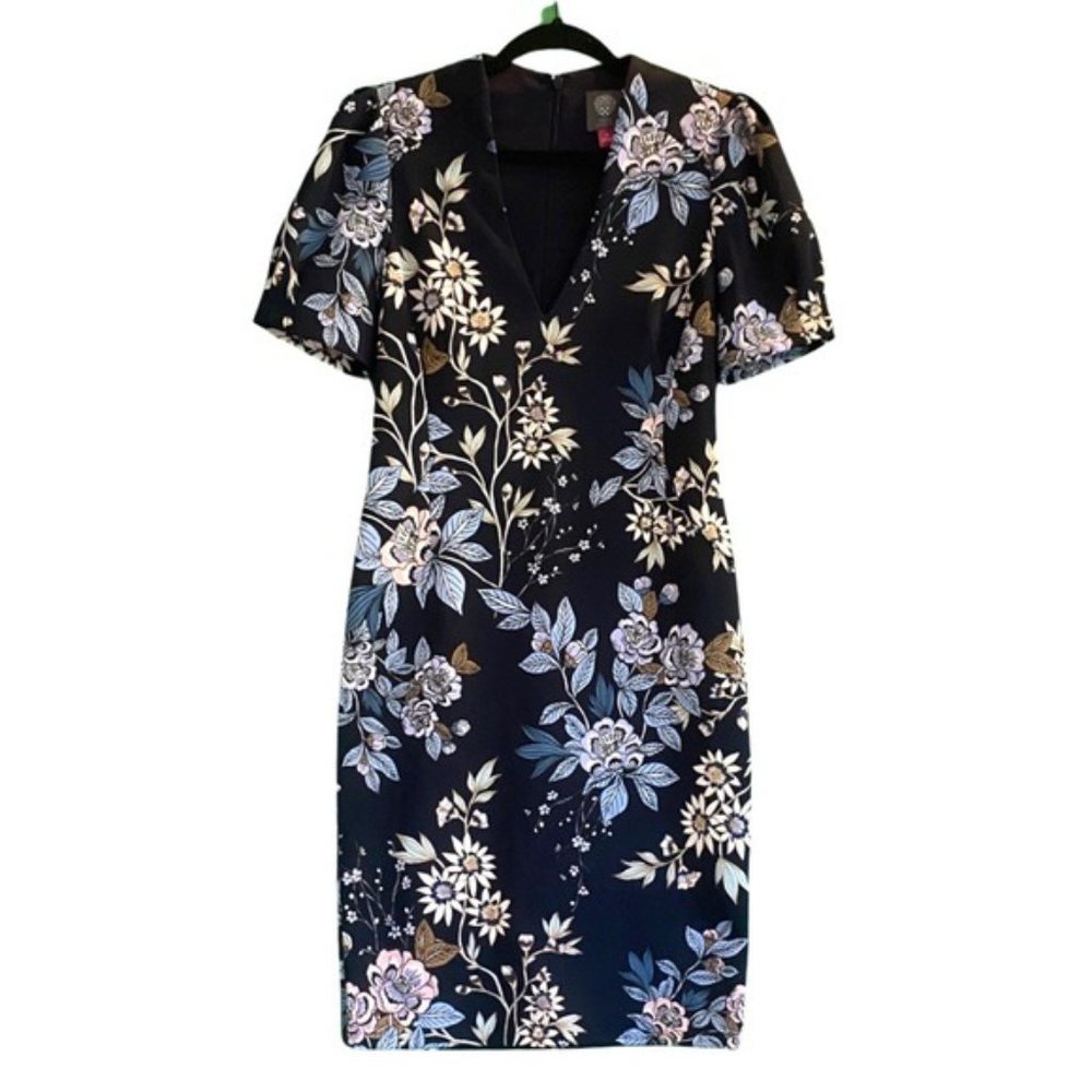 Vince Camuto Puffy Sleeve V-Neck Navy Blue Floral Scuba Knit Fabric Size 10 - Picture 5 of 7